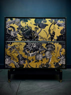 Designer hand laid Gold Leaf professionally decoupaged Mid Century G Plan Drinks cabinet with drawers.