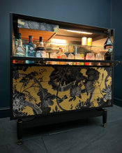 Load image into Gallery viewer, Designer hand laid Gold Leaf professionally decoupaged Mid Century G Plan Drinks cabinet with drawers.
