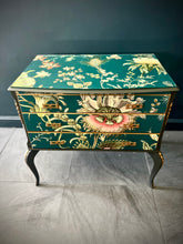 Load image into Gallery viewer, Beautiful 3 drawer chest in Flora Fantastisa Teal (cerulean) combined with Copper Highlights
