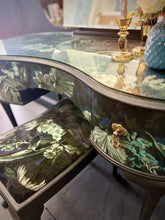 Load image into Gallery viewer, Vintage Dressing Table decoupaged in Limerence with a matching velvet upholstered stool.
